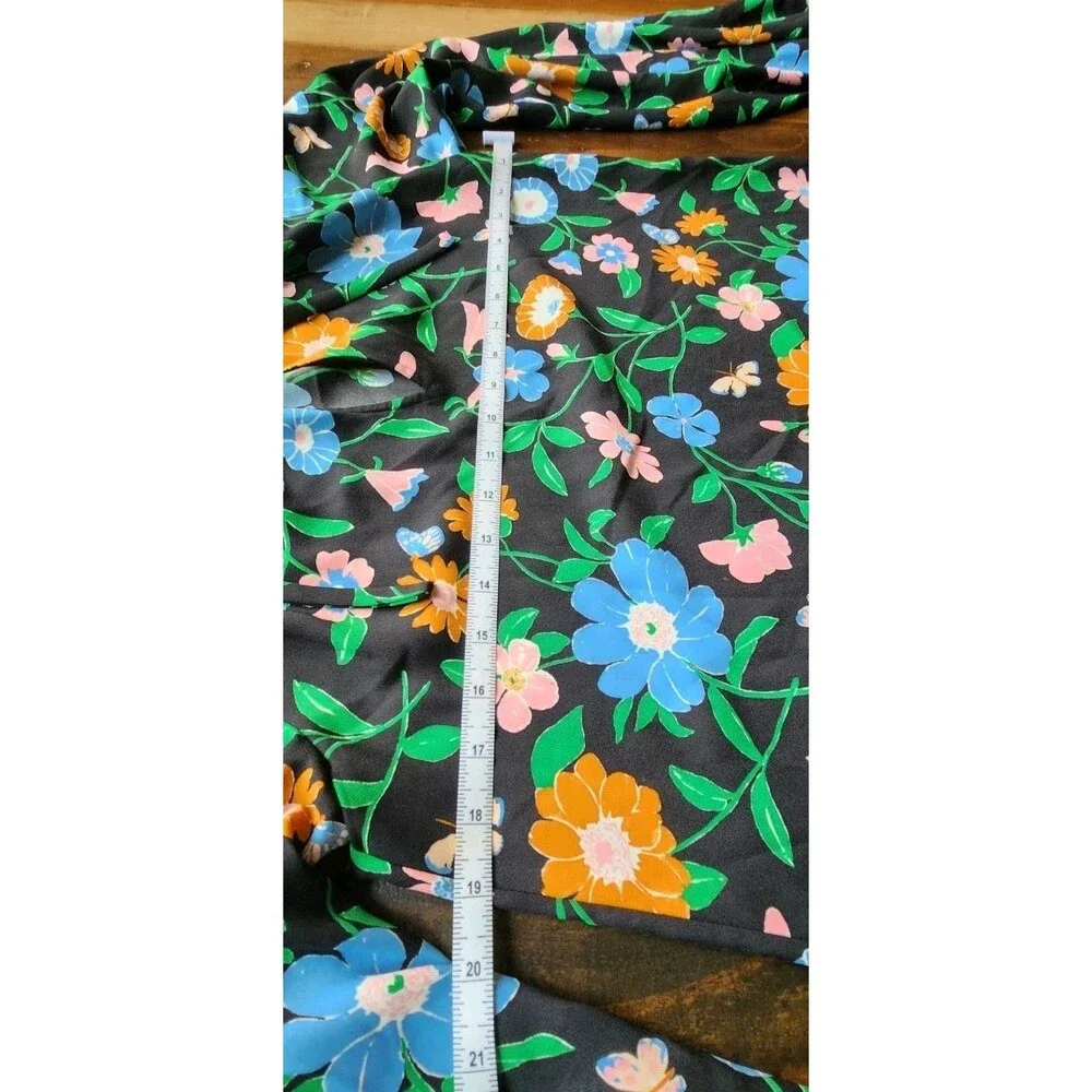 Kate Spade Black Floral Puff Sleeve Tunic Blouse Round Neck Size S (726)